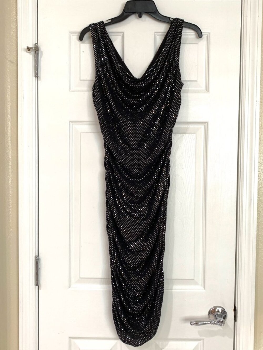 Alexa B Black Metallic Silver Sequin Cowl Neck Ruched Dress 8